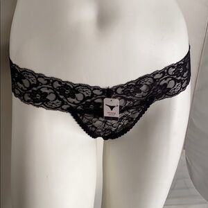 Black nylon lace thong panty L